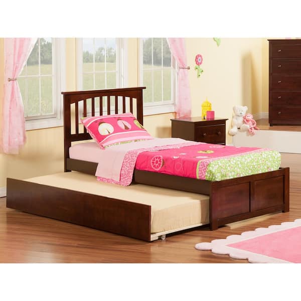 AFI Mission Twin Extra Long Bed with Footboard and Twin Extra Long Trundle in Walnut