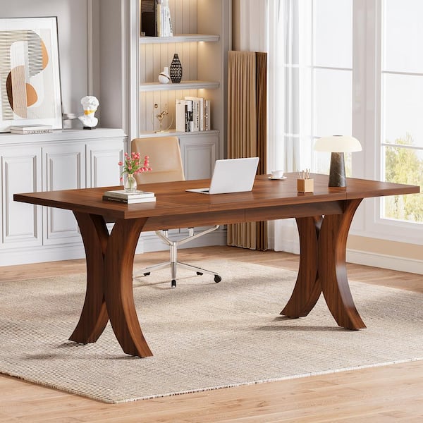 Halseey 63 in. Rectangular Walnut Color Engineered Wood Computer Desk, Modern Executive Desk Large Writing Table