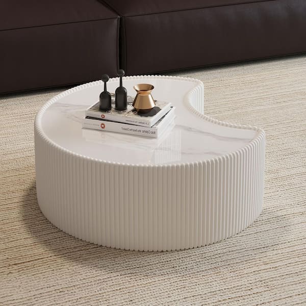 Nino 29.53 in. White Round Stone Coffee Table with Leather Surface