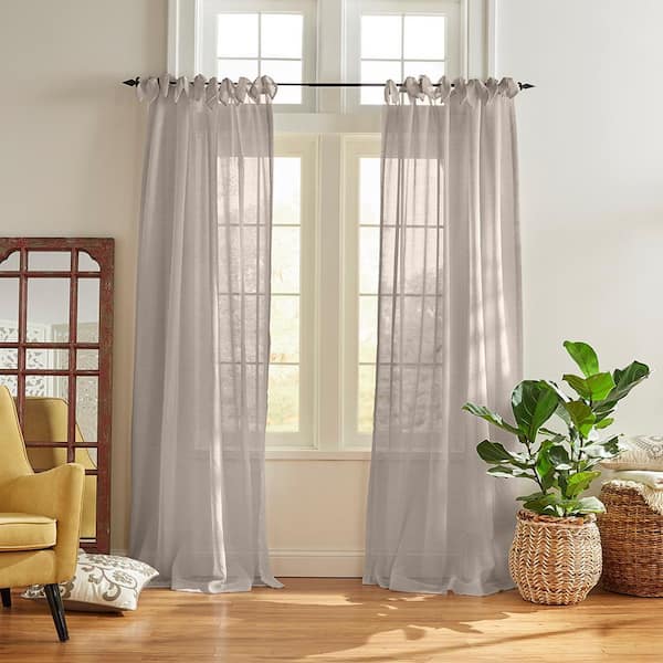 Vienna Light Gray Solid Poly-Linen 52(in)X84(in) Tie Top Sheer Curtain Panel