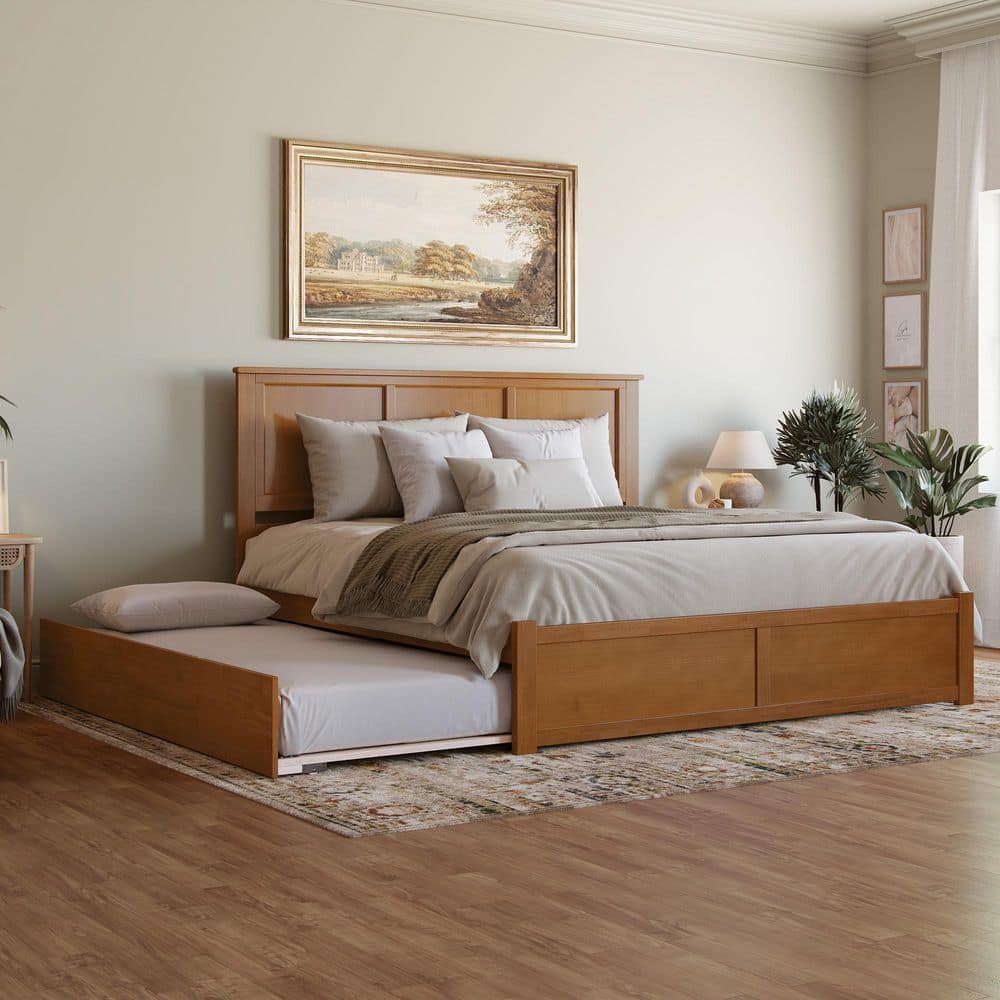 Madison Light Toffee Natural Bronze Solid Wood Frame King Platform Bed with Footboard and Twin XL Trundle