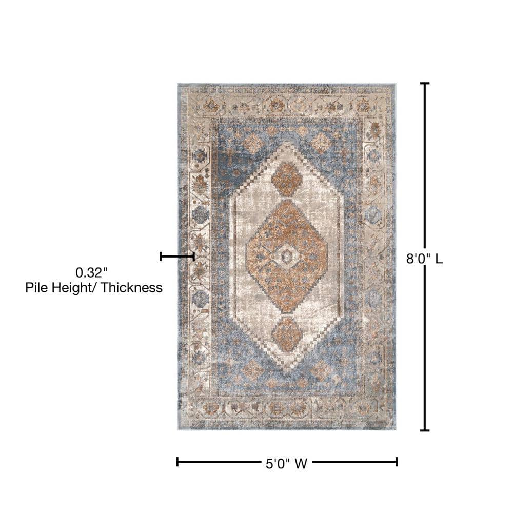 Vintage Beige and Blue Synthetic Rectangular Area Rug
