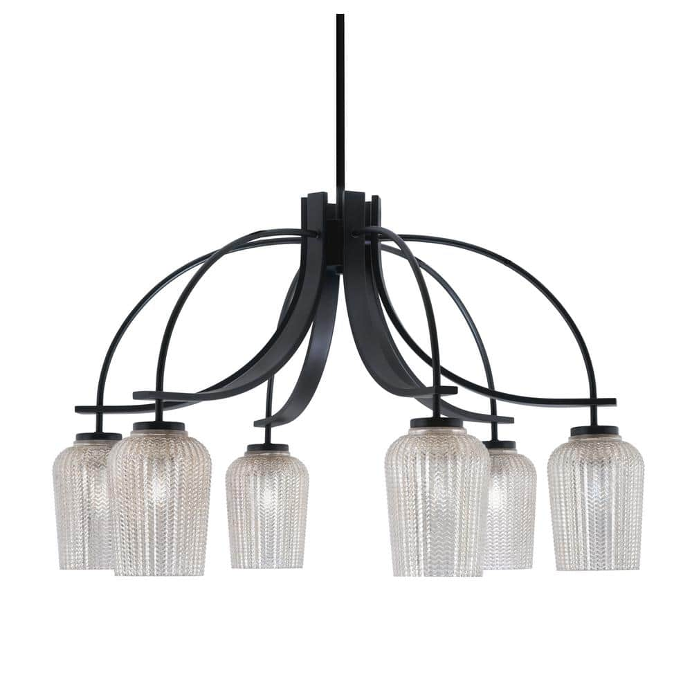 Olympia 19 in. 6-Light Matte Black Downlight Chandelier Silver Textured Glass Shade