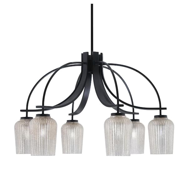 Unbranded Olympia 19 in. 6-Light Matte Black Downlight Chandelier Silver Textured Glass Shade