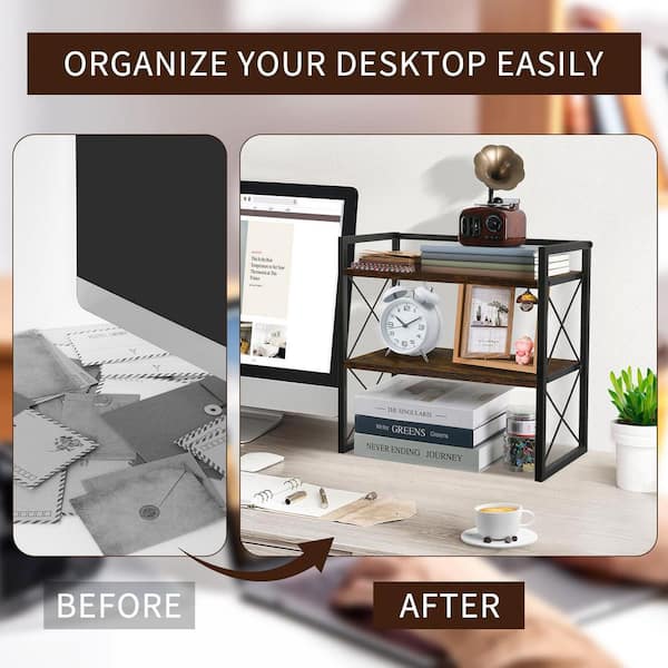 N/A. Brown 15.74 in. x 7.87 in. Wood Desktop Shelf Organizer, 2