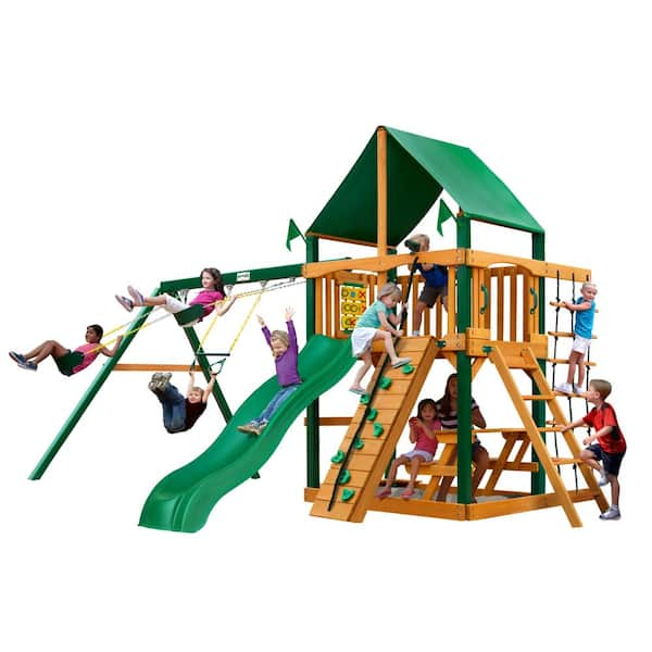 Gorilla Playsets Chateau Wooden Swing Set with Green Vinyl Canopy, Timber Shield Posts and Alpine Wave Slide