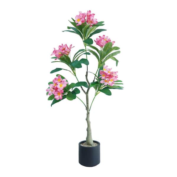 4 ft. Artificial Frangipani Tree, Artificial Plant Made of Silk and Plastic, Decorative Artificial Tree with Black Pot