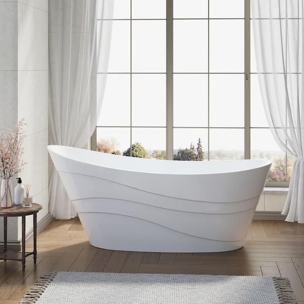 Trace 67 in. x 29.33 in. Acrylic Flat Bottom Oval Soaking Bathtub with Bathtub Drain Curve in Glossy White