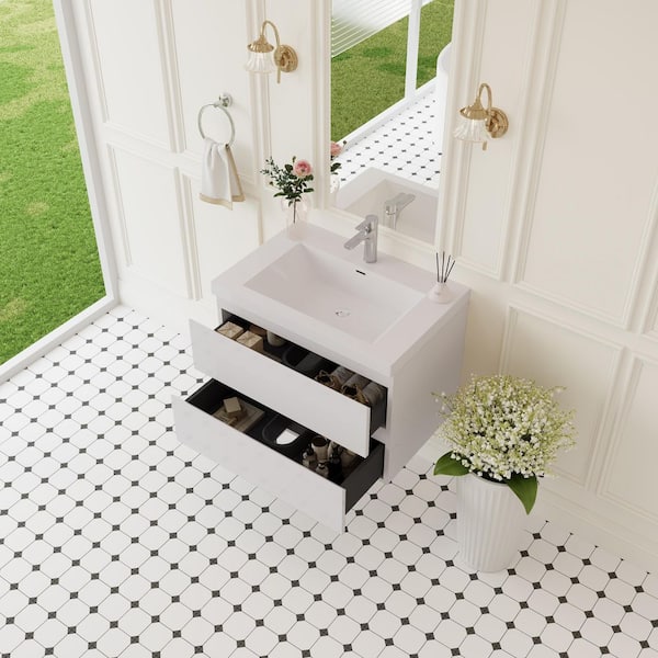 30 in. W x 19-3/4 in. D x 22-1/5 in. H Bathroom Wall Hung Vanity in White with Single Basin Vanity Top in White Resin