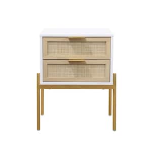 Andrew 24 in. White and Rattan End or Side Table with Storage Doors, Gold Accents for Bedroom or Living Room, (Set of 2)