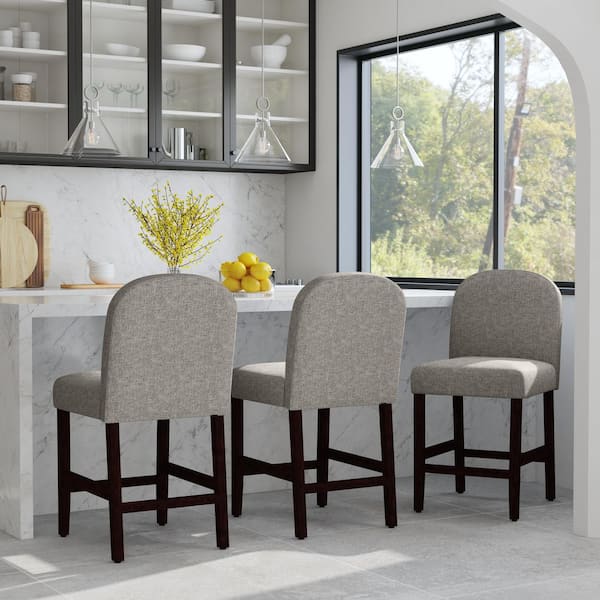 26.8 in. Gray Woven Rounded Back Wood Bar Stool Counter Stool with Upholstered Seat