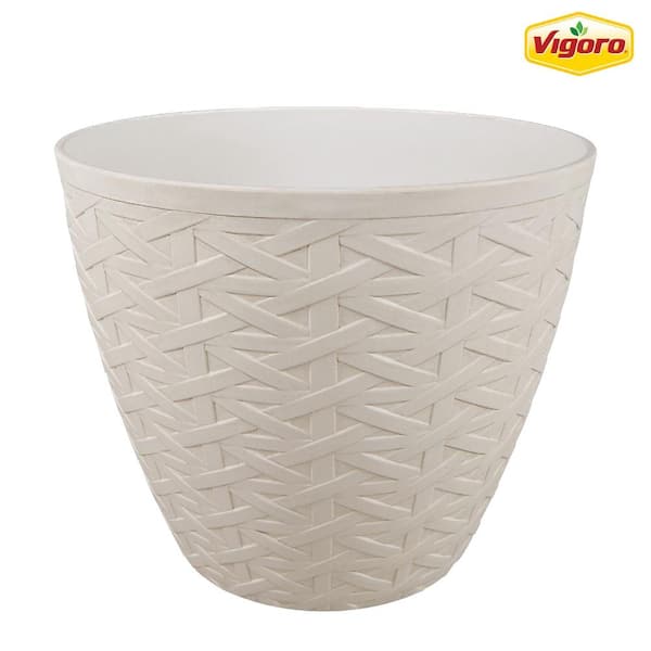 13 in. Kingfield Medium Beige Woven Texture Resin Planter (13 in. D x 10.8 in. H) with Drainage Hole