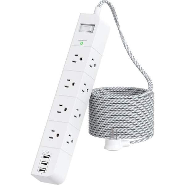 8-Outlet Power Strip Surge Protector with 3 USB Port, 8 ft. Extension Cord and Overload Protection in White