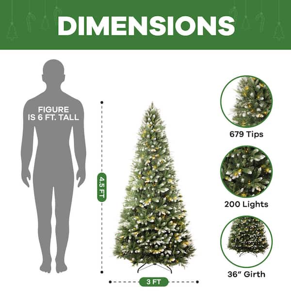 HOMESTOCK 4.5 ft Frosted Lightly Snow Flocked Prelit Artificial Christmas Tree with 679 Branch Tips, 200 Warm Lights and Stand