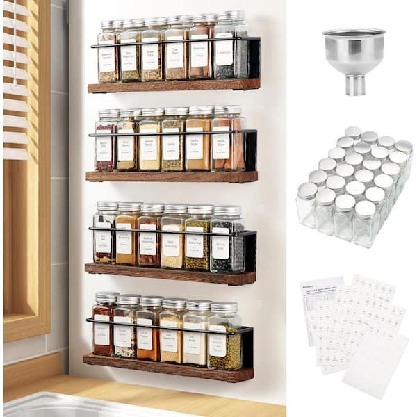 4 Magnetic Black Refrigerator Mount Spice Rack Organizer with 24 Glass Jars 216 Labels Steel Funnel Set