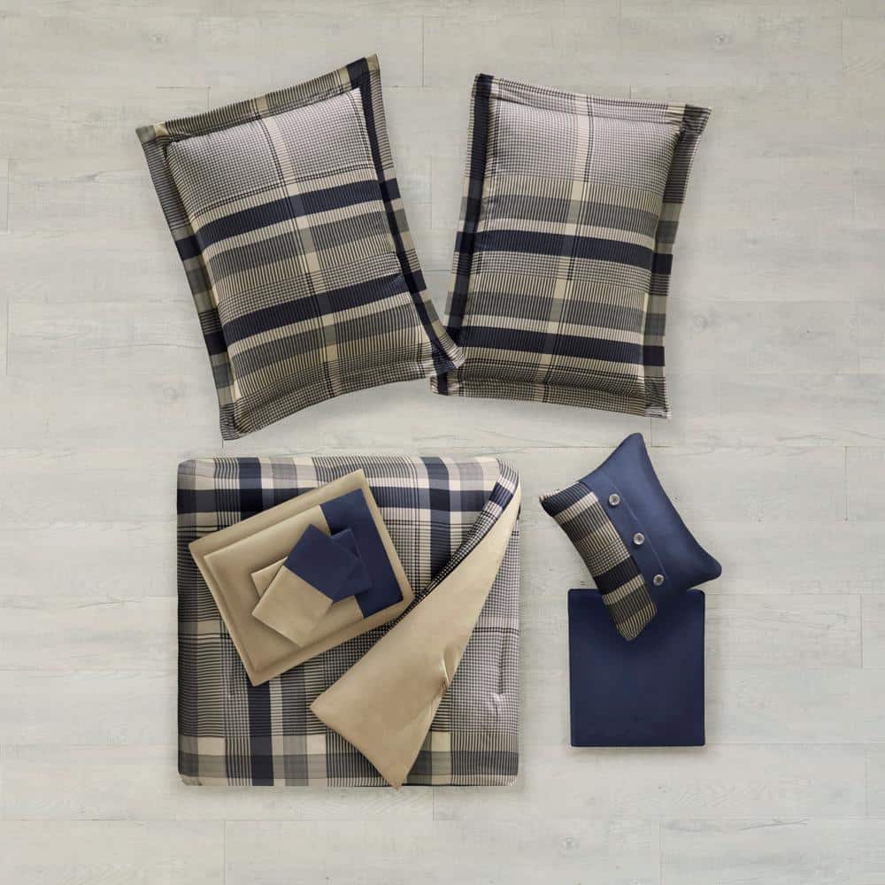 Navy and Taupe Plaid Twin Microfiber Bed in a Bag Set
