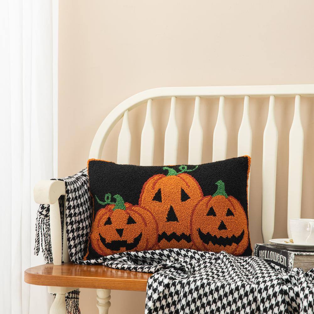 Handmade Black Halloween Pumpkins Rectangular Throw Pillow