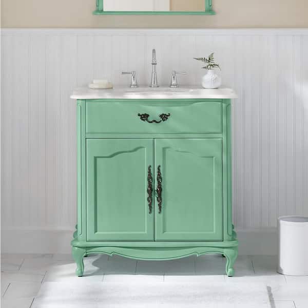 Home Decorators Collection Provence 33 in. W x 22 in. D x 35 in. H Single Sink Freestanding Bath Vanity in Vintage Turquoise with White Marble Top