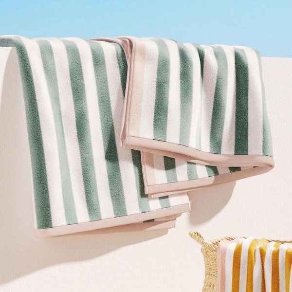 FRESHFOLDS Mineral Blue / Blush 100% Cotton Stripe Border 2-Pack Oversized Beach and Pool Towels