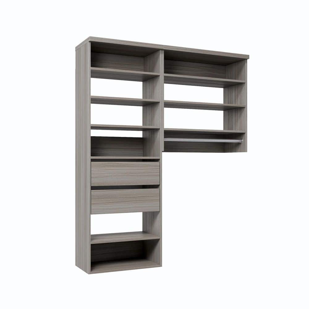 45 in. W Grey Oak Reach-in Wall-Mount 1-Rod 2-Reveal-Drawers 9-Shelf Wood Closet System
