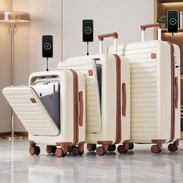 LIVACA 3-Piece Ivory ABS Plastic Hardside Spinner Luggage Set with