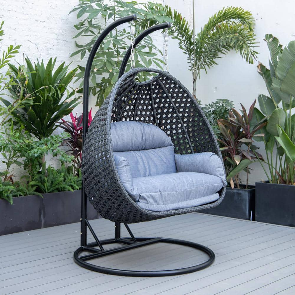 Mendoza 53 in. 2 Person Charcoal Wicker Patio Swing Chair with Stand and Charcoal Cushions -  Leisuremod, MSCCH-53CBU