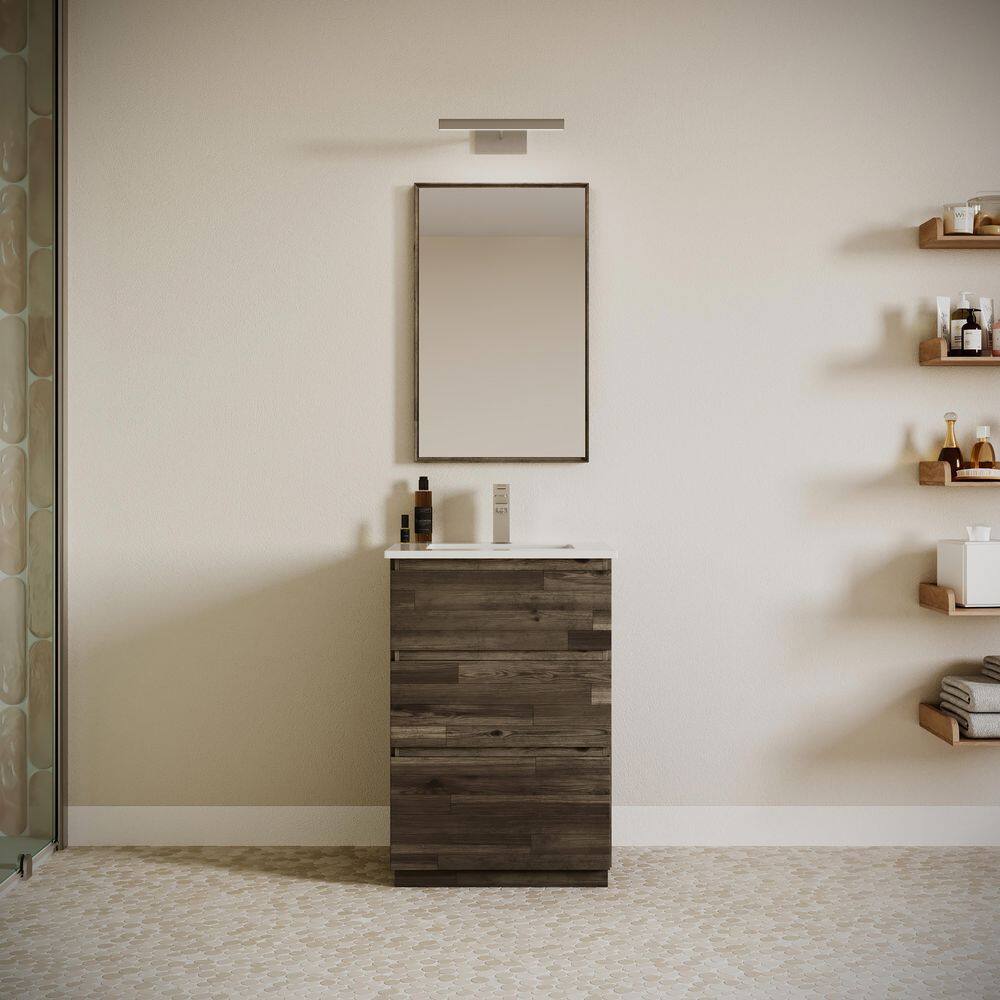 Modern 24" Brown Quartz Stone Vanity Set with Ceramic Sink and Mirror