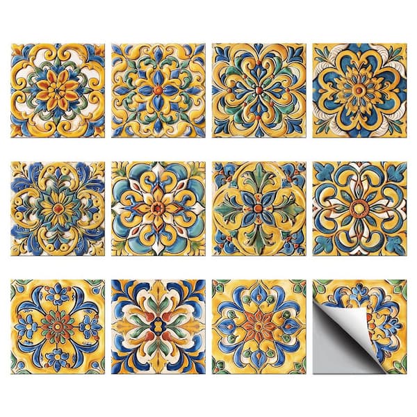 Retro Yellow 4in. x 4in. PVC Peel and Stick Backsplash Tile Stickers, 12 Styles, 36-Pack