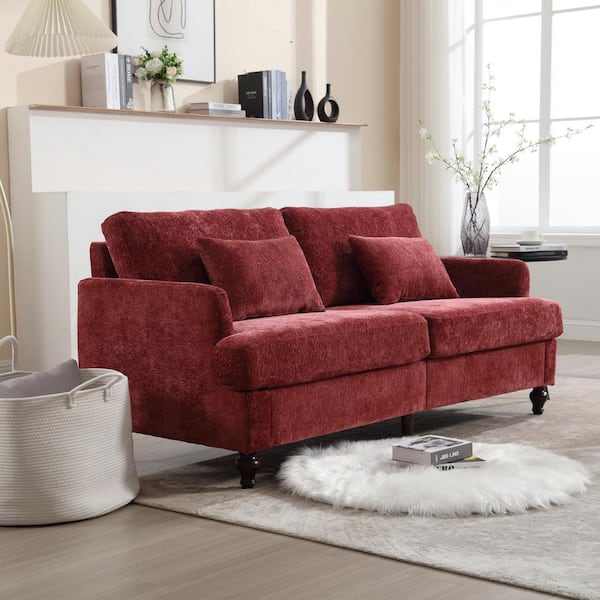 63 in. Square Arm Fabric Rectangle Mid Century Modern Chenille Loveseat Sofa 2-Seat Upholstered in Wine Red Chenille