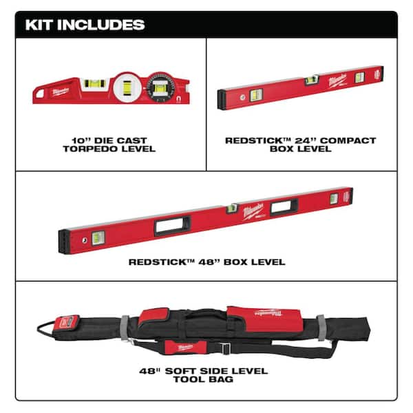 10 in./24 in./48 in. REDSTICK Box Beam and Torpedo Level Set with Green 100 ft. Cross Line/Plumb Points Laser Level Set