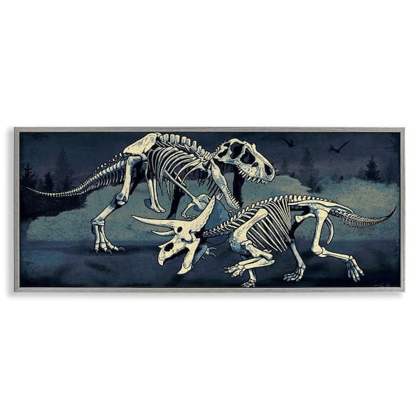 Dinosaur Skeletons Duo by Lauren Rader Gray Framed Animal Giclee Art Print 13 in. x 30 in.