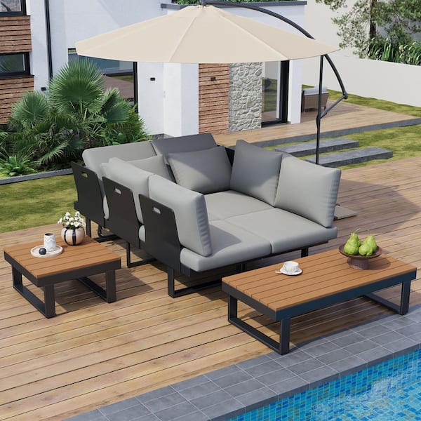 4-Piece Metal Patio Conversation Set with Gray Cushions, Adjustable Reclining Seats