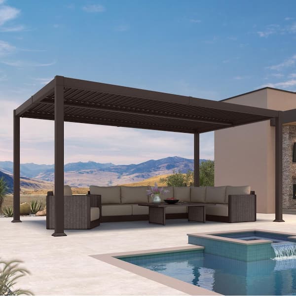 10 ft. x 15.8 ft. Bronze Aluminum Outdoor Louvered Pergola with 2-Individual Adjustable Roofs and In-Built Gutter