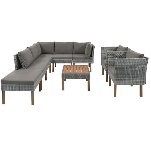Boosicavelly Gray 9-Piece Patio PE Rattan Outdoor Sofa Set with Acacia Wood Tabletop and Gray Cushions