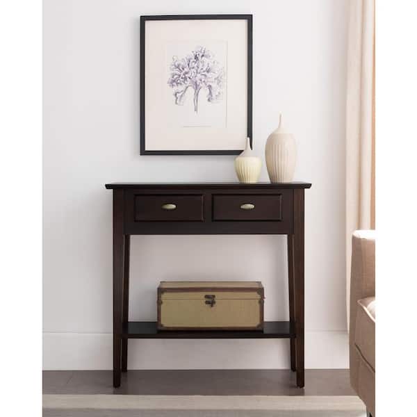 Leick Home 30 in. L 2-Drawer Hall Console Sofa Rectangle Table with Shelf, Chocolate Oak, Wooden Top