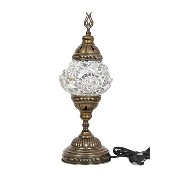 Unbranded 14.5 in. Handmade White Separated Circles Mosaic Glass Table Lamp with Brass Color Metal Base
