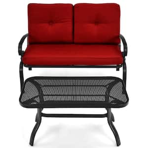 2PCS Metal Outdoor Patio Loveseat & Table Set Conversation Sofa Set with Red Cushions