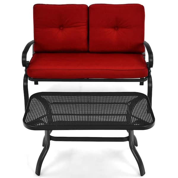 Gymax 2PCS Metal Outdoor Patio Loveseat & Table Set Conversation Sofa Set with Red Cushions