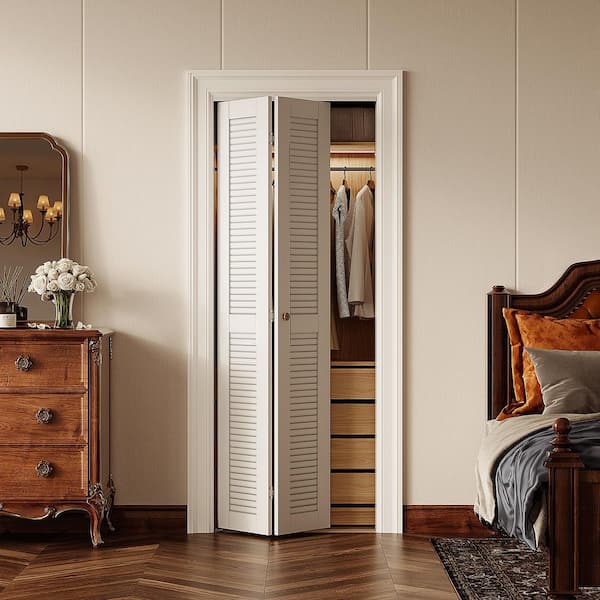 28 in. x 78.75 in. Full Panel Louvered Solid Core White Finished MDF Wood Closet Bi-Fold Door With Hardware