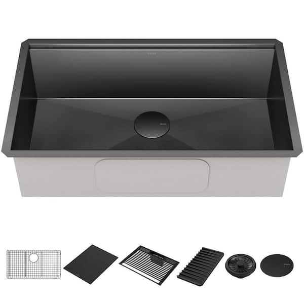 Rivet16 Gauge Black Stainless Steel 32 in. Single Bowl Undermount Workstation Kitchen Sink in PVD Gunmetal Finish