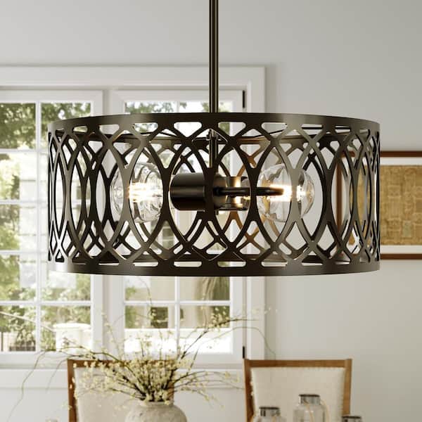 13 in. 2-Light Black Industrial Linear Pendant with Metal Drum Shade for Living Room, Kitchen, Foyer