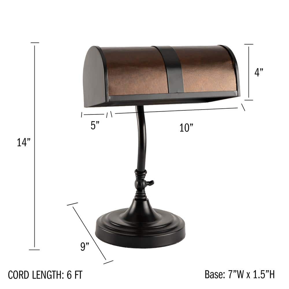 14" Black Metal LED Banker's Lamp with Amber Mica Shade