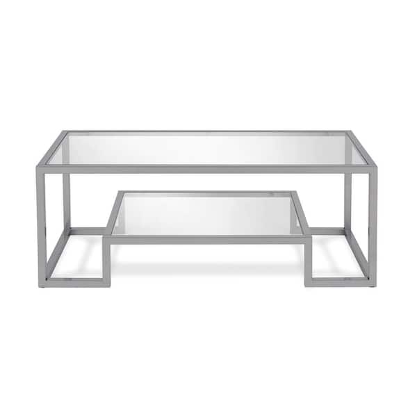HomeRoots 45 in. Silver Rectangle Glass Coffee Table with Shelves;Storage