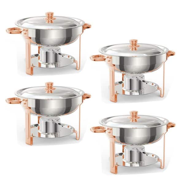 4 Pack 5.3 Qt. Stainless Steel Round Chafing Dish Buffet Set with Food & Water Pan & Gold Stand