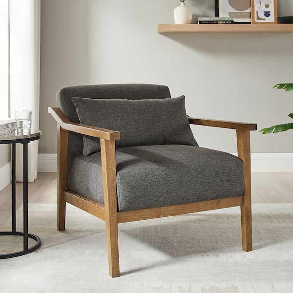 Rayn Charcoal Polyester Fabric Wood Arm Accent Chair with Lumbar Cushion