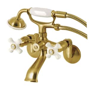Kingston 3-Handle Wall-Mount Clawfoot Tub Faucet with Hand Shower in Brushed Brass