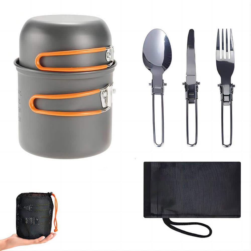 Portable Camping Cooker Outdoor Pot Set for 1 to 2-People with Orange Handles and Stainless Steel Cutlery -  Afoxsos, HDDB1058