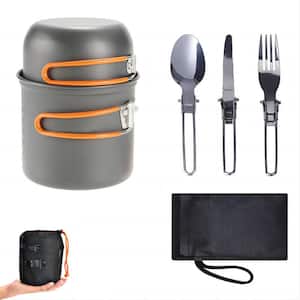 Portable Camping Cooker Outdoor Pot Set for 1 to 2-People with Orange Handles and Stainless Steel Cutlery