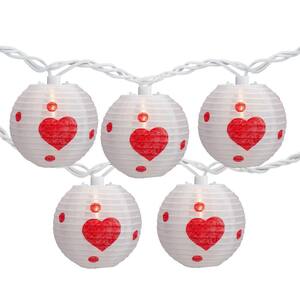 3 in. H White and Red Heart Paper Lantern Valentine's Day Lights Clear Bulbs (10-Count)