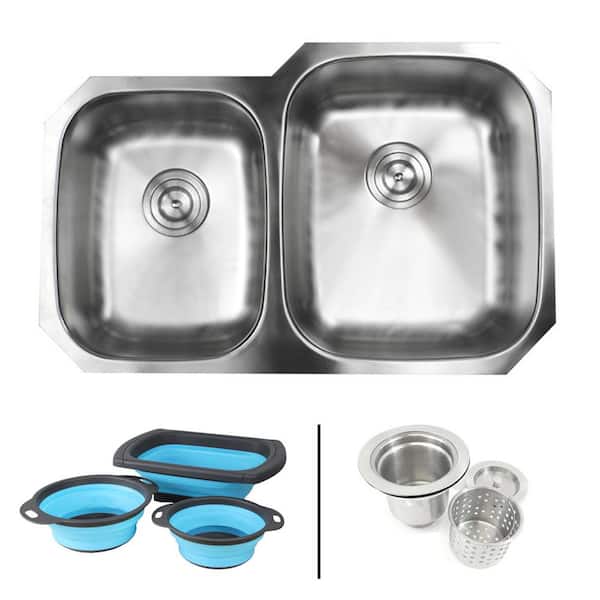 eModernDecor Undermount 16-Gauge Stainless Steel 32 in. 40/60 Double Bowl Kitchen Sink in Satin Pearl Finish with Silicone Colanders